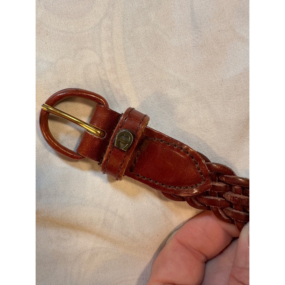 Etienne Aigner Womens Braided Leather Belt Cognac Brown Brass Logo XL 6772 - Picture 3 of 6
